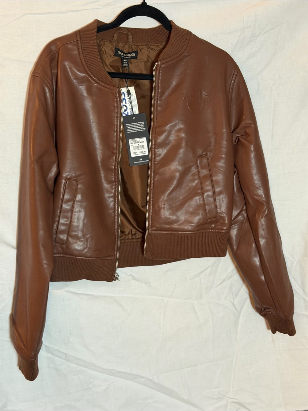True Religion Women's Cognac Faux Leather Bomber Jacket